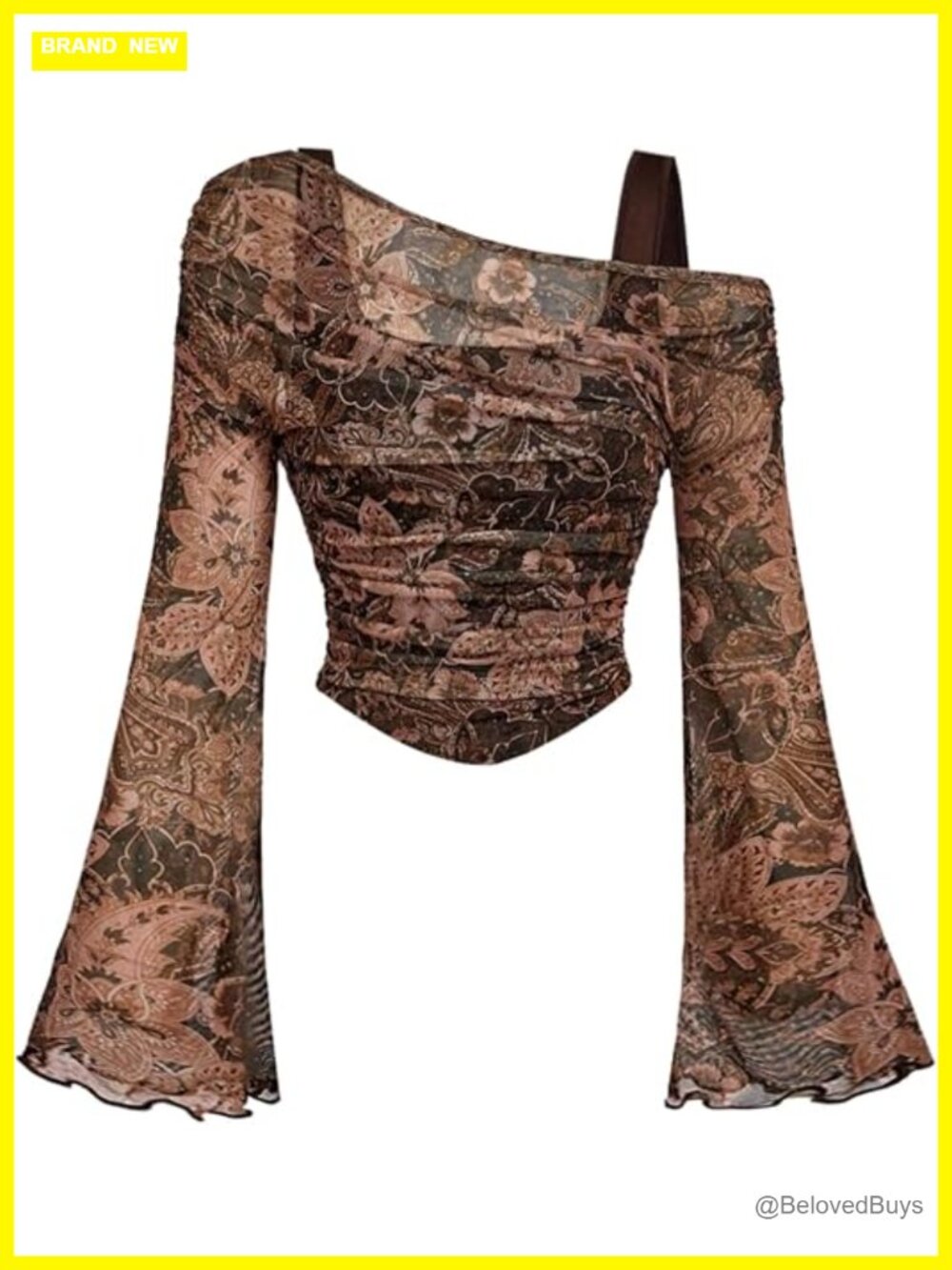 Boho Mesh Crop Top Bell Sleeve Paisley Print Ruched T-Shirt